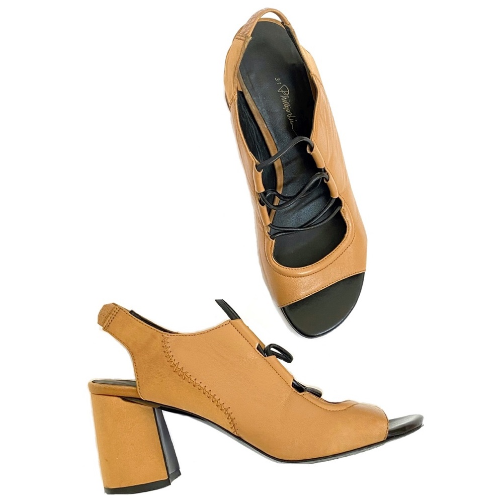 3.1 Phillip Lim Drum brown tan black leather silk lace up slingback chunky heels